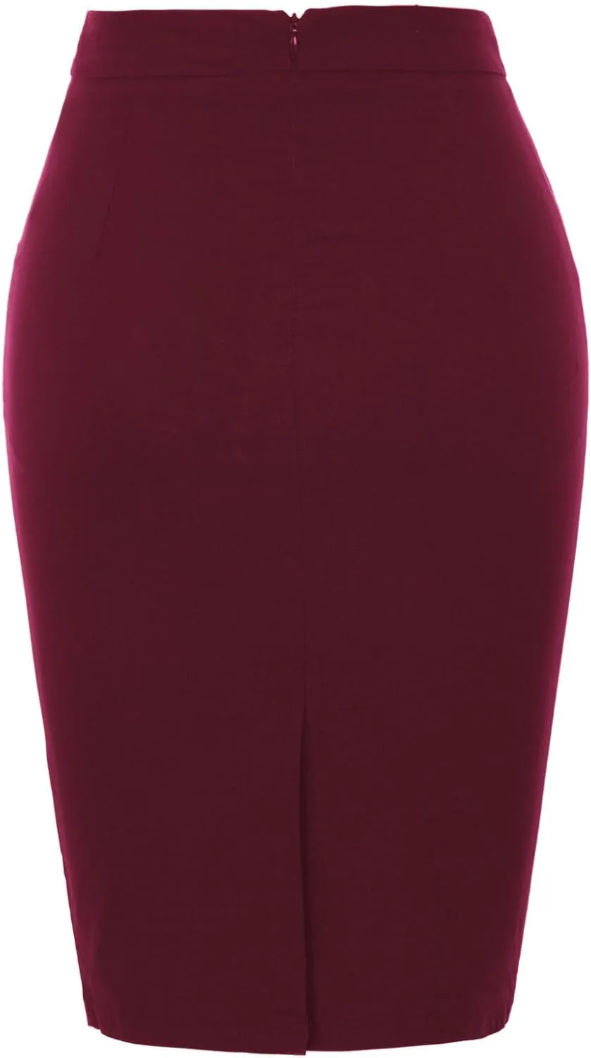 Kate Kasin Womens Knee Length Elastic Waist Basic Stretchy Bodycon Business Pencil Skirt