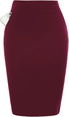 Kate Kasin Womens Knee Length Elastic Waist Basic Stretchy Bodycon Business Pencil Skirt