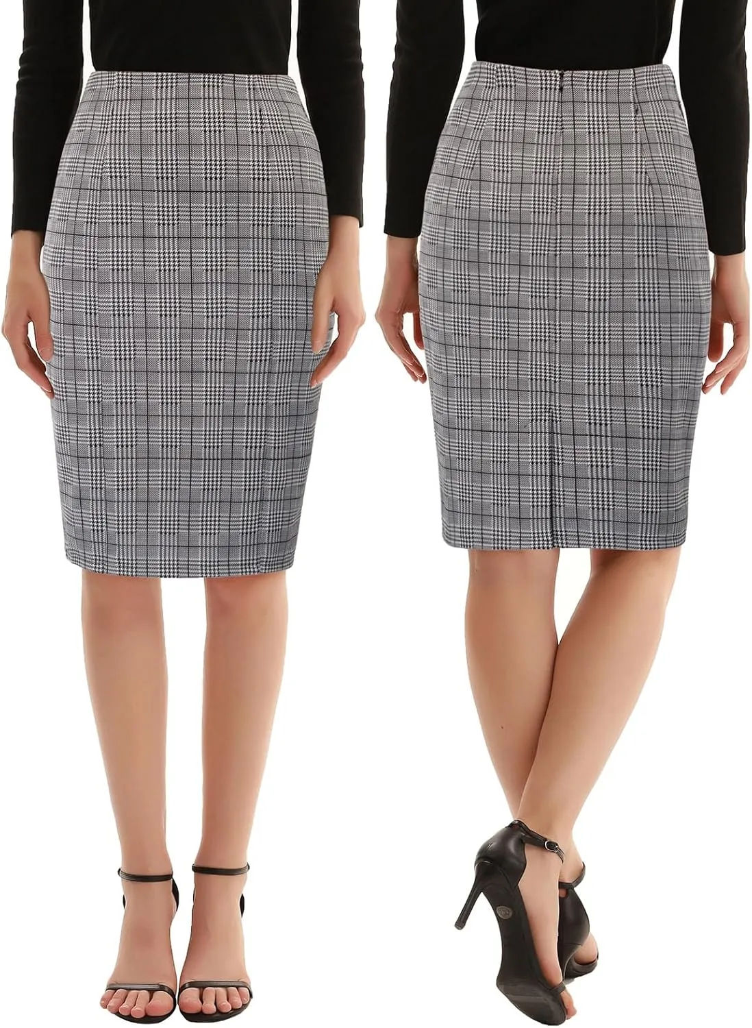 Kate Kasin Womens Knee Length Elastic Waist Stretchy Bodycon Plaid Business Pencil Skirt