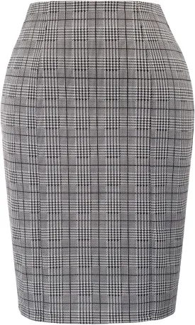 Kate Kasin Womens Knee Length Elastic Waist Stretchy Bodycon Plaid Business Pencil Skirt