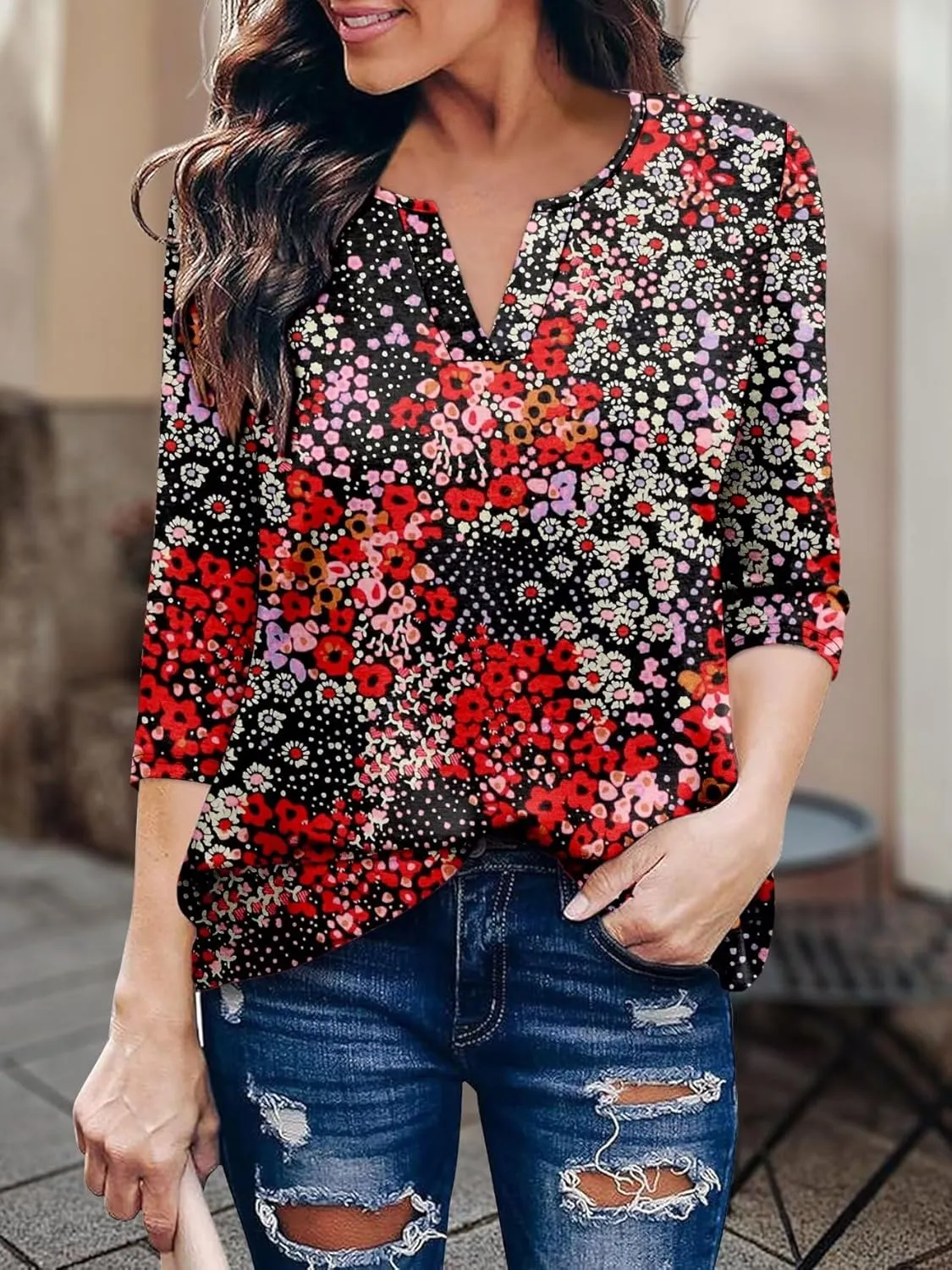KISSMODA 3/4 Length Sleeve Shirts for Women Floral Business Shirts Tops Blouses Tops Loose Fit T-Shirts