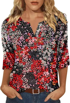 KISSMODA 3/4 Length Sleeve Shirts for Women Floral Business Shirts Tops Blouses Tops Loose Fit T-Shirts