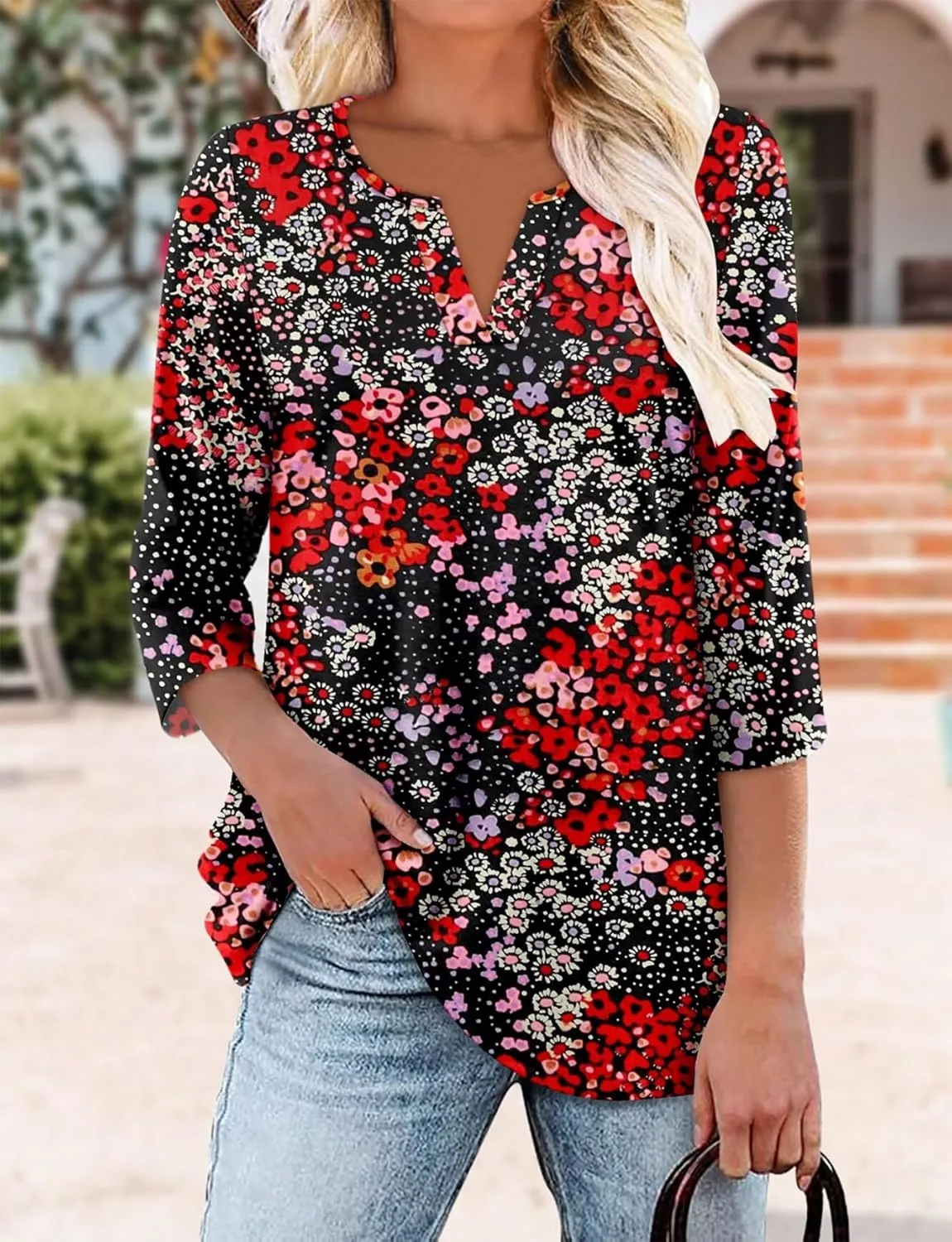 KISSMODA 3/4 Length Sleeve Shirts for Women Floral Business Shirts Tops Blouses Tops Loose Fit T-Shirts
