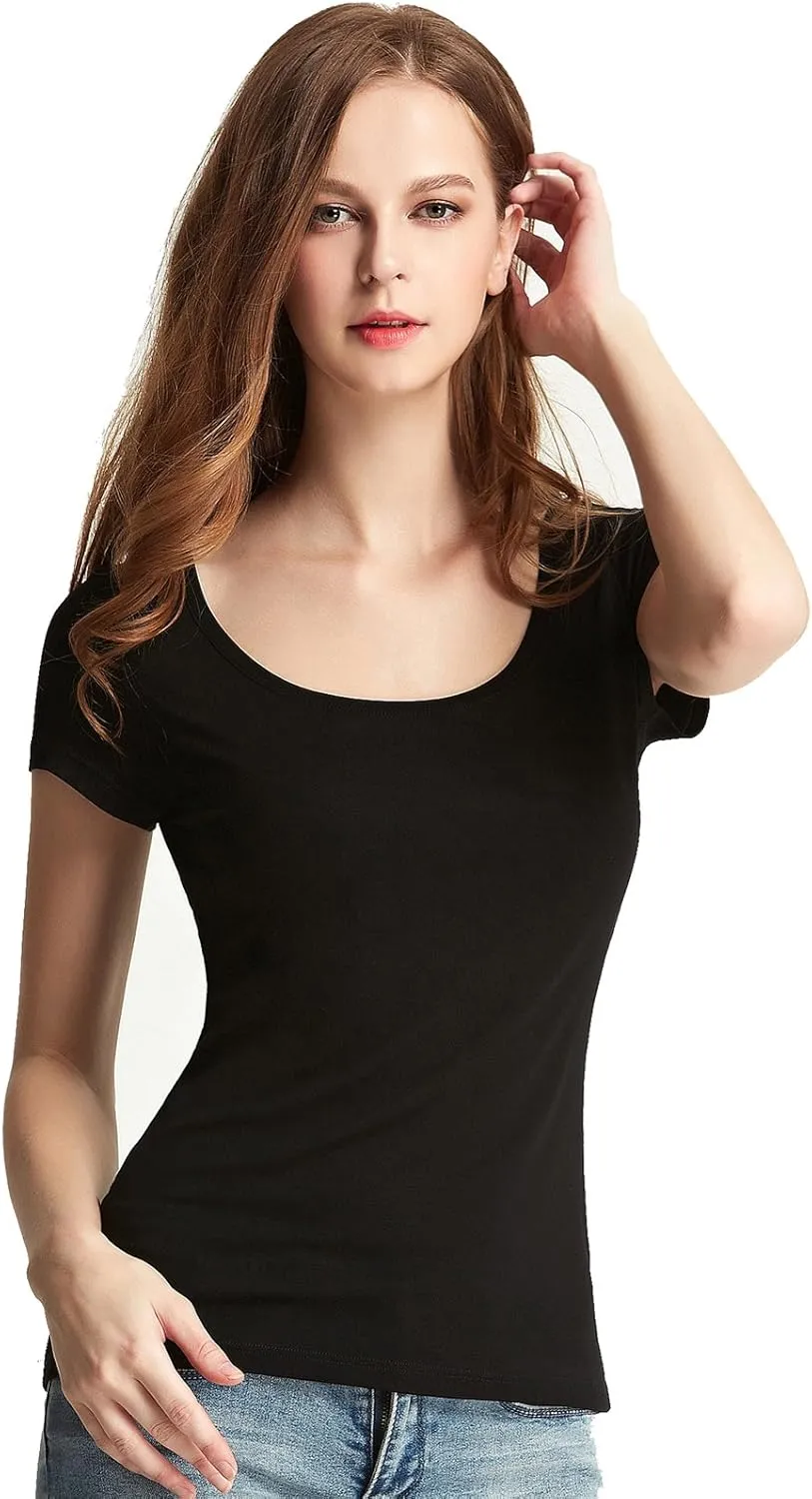 Liang Rou Women's Mini-Ribbed Stretch Scoop Neck T-Shirt