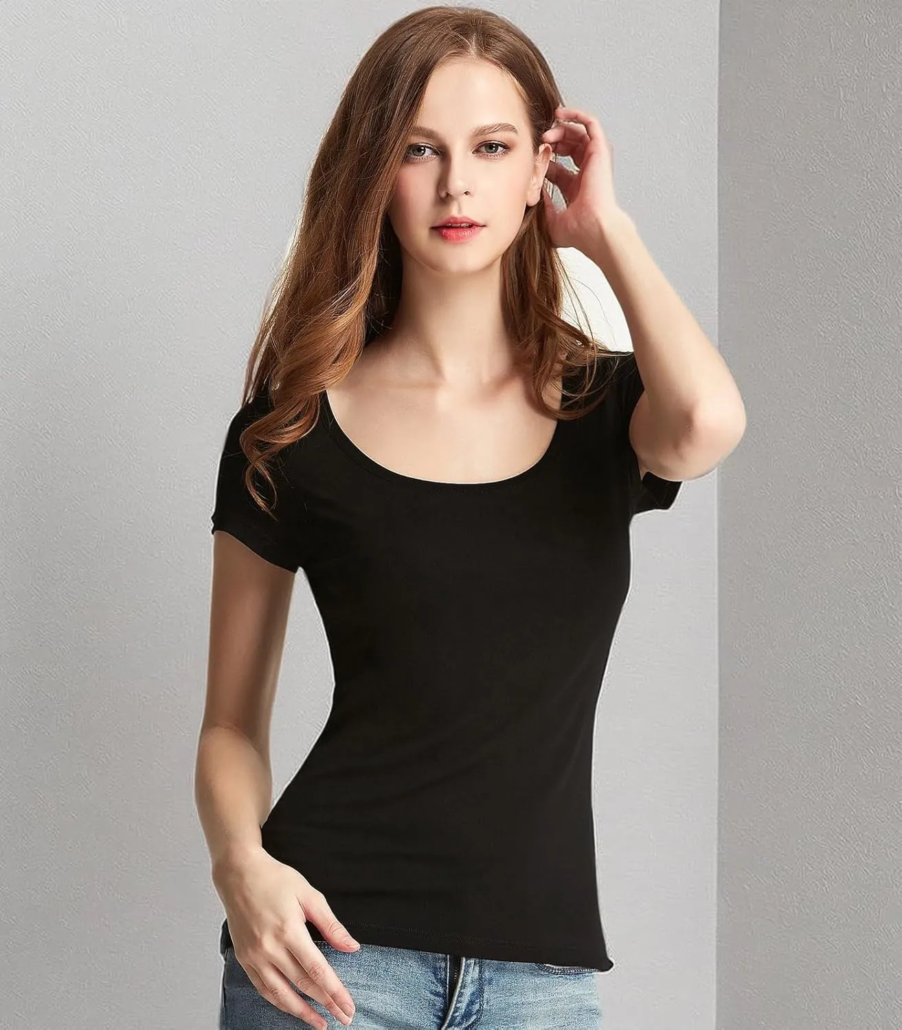 Liang Rou Women's Mini-Ribbed Stretch Scoop Neck T-Shirt
