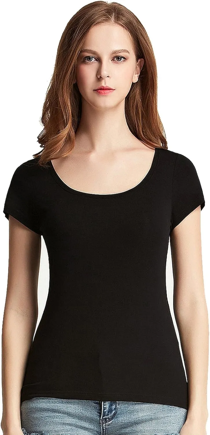 Liang Rou Women's Mini-Ribbed Stretch Scoop Neck T-Shirt