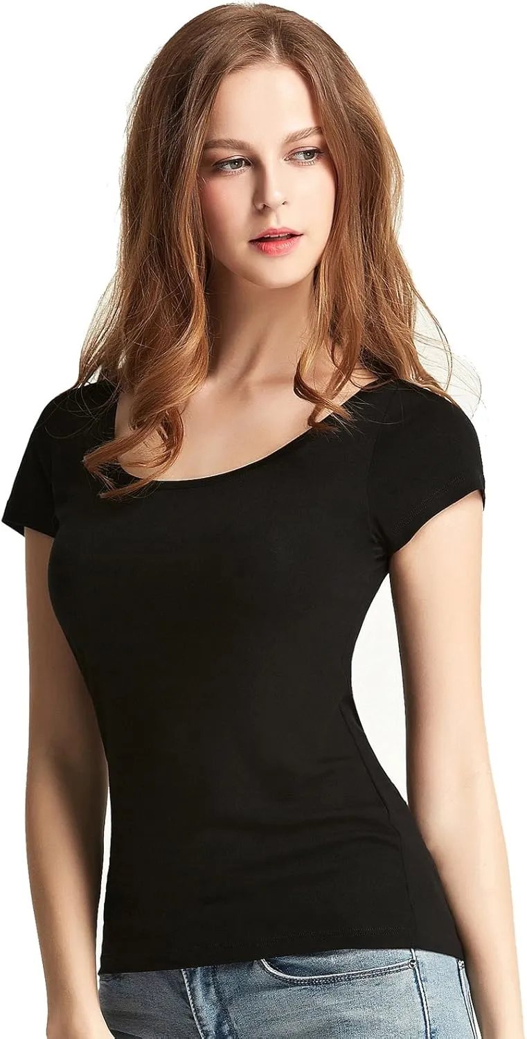 Liang Rou Women's Mini-Ribbed Stretch Scoop Neck T-Shirt