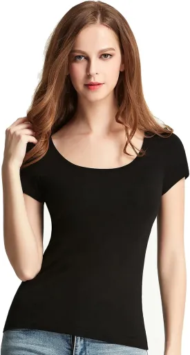 Liang Rou Women's Mini-Ribbed Stretch Scoop Neck T-Shirt