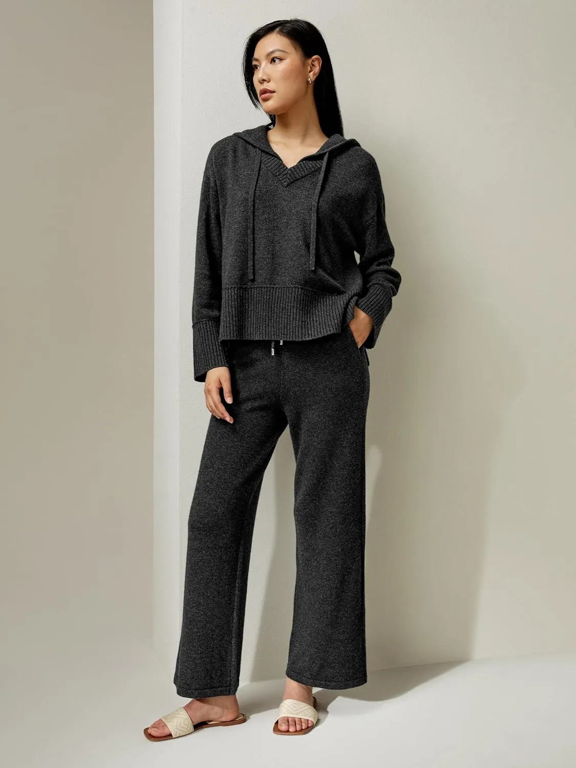 LilySilk Wool Trouser Women Full Length Wide Leg Ladies Pants Oversize Fit Casual Legging with Woven Plain Knit Pattern