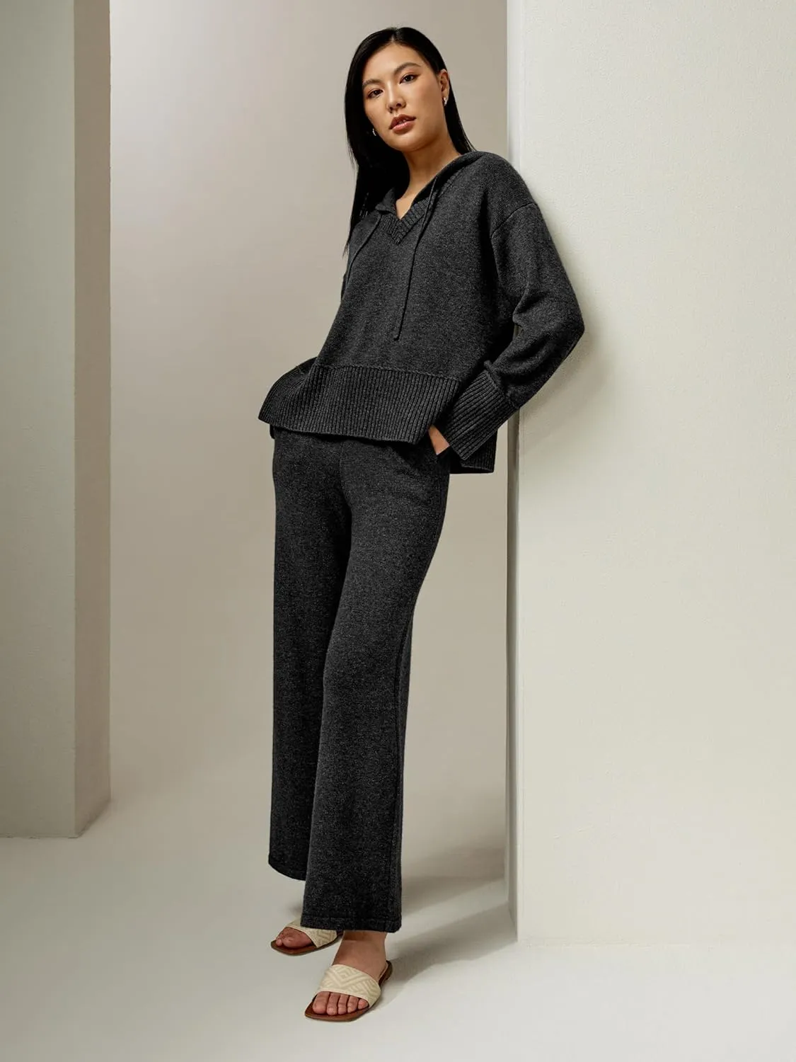 LilySilk Wool Trouser Women Full Length Wide Leg Ladies Pants Oversize Fit Casual Legging with Woven Plain Knit Pattern