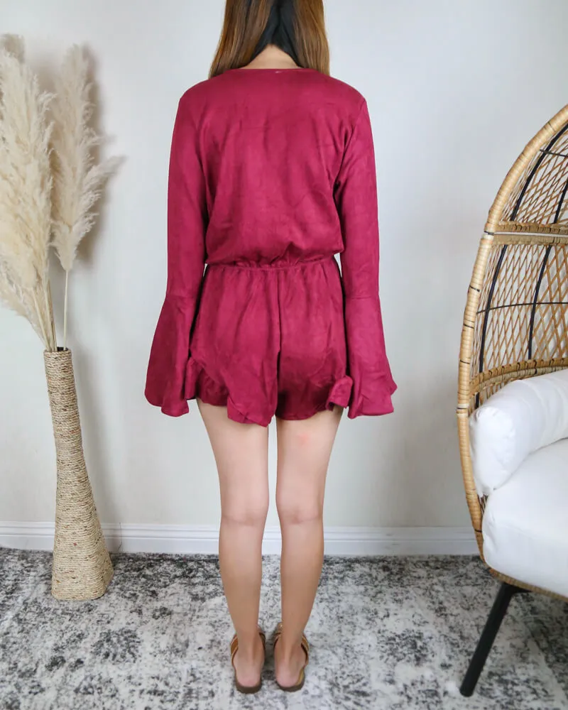 Lioness - Suede With It Ruffle Hem Romper in Burgundy