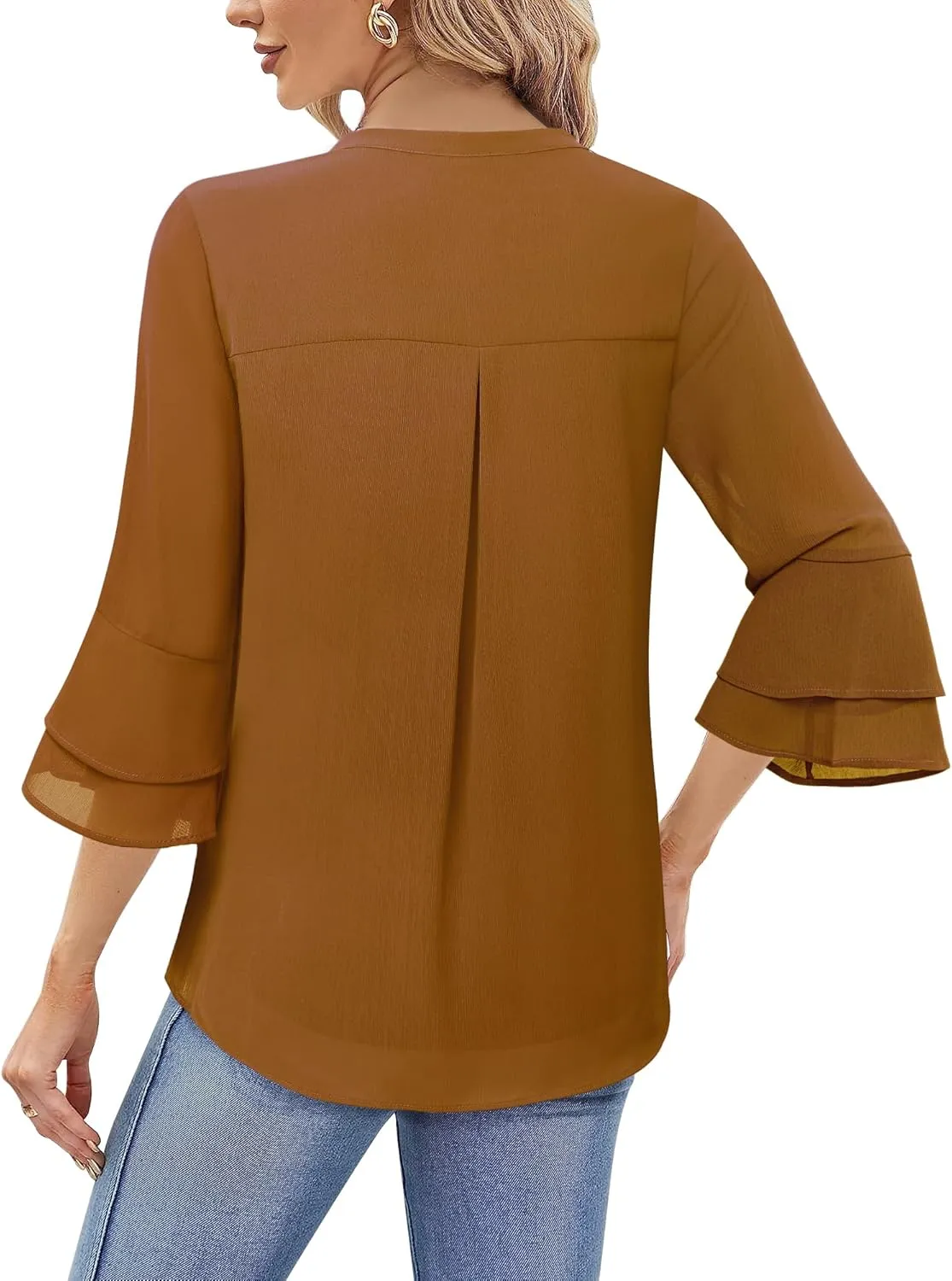 Lotusmile Womens Tops Dressy Casual 3/4 Tiered Bell Sleeve Blouses Double Layered Chiffon Work Tunic Shirts