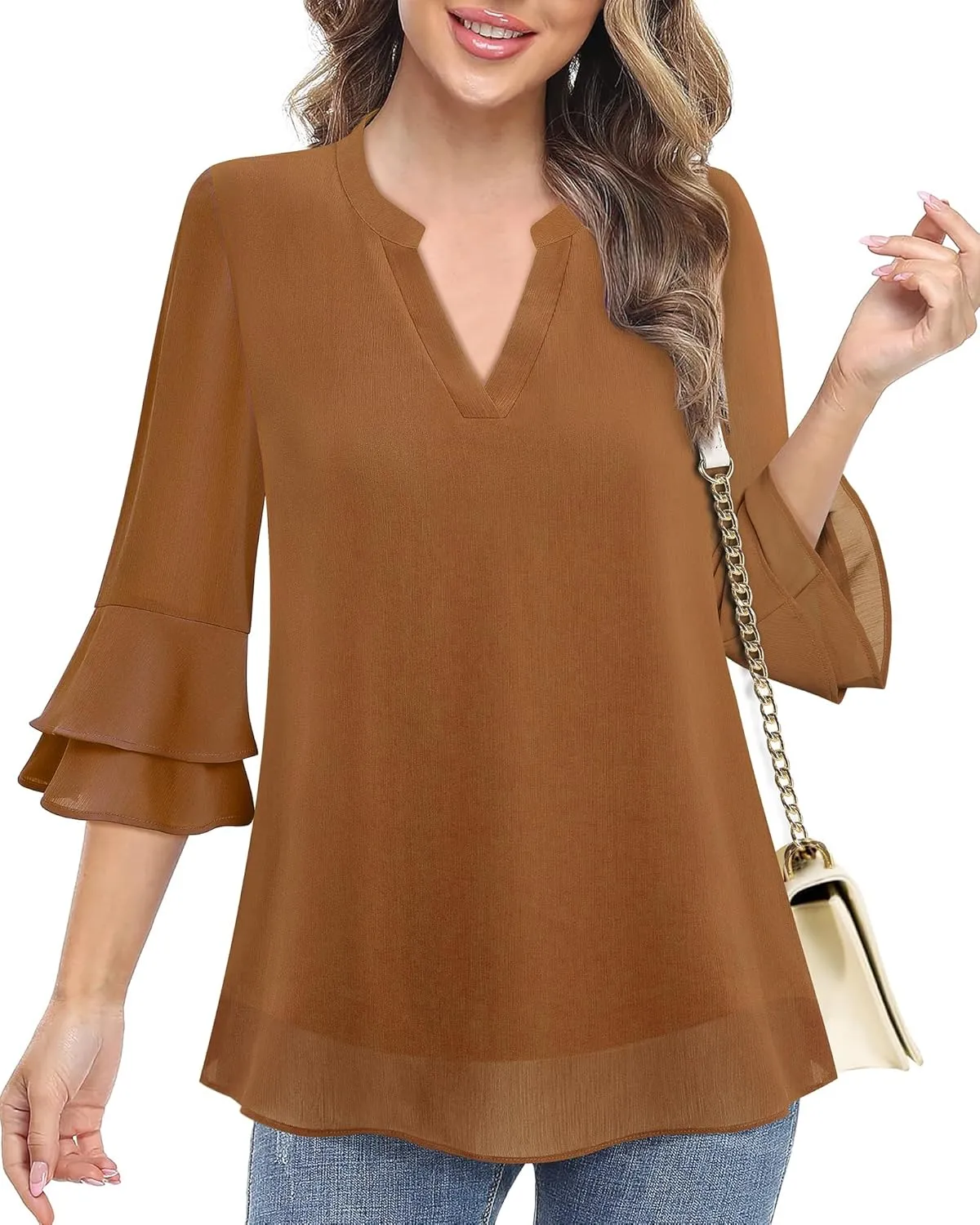 Lotusmile Womens Tops Dressy Casual 3/4 Tiered Bell Sleeve Blouses Double Layered Chiffon Work Tunic Shirts