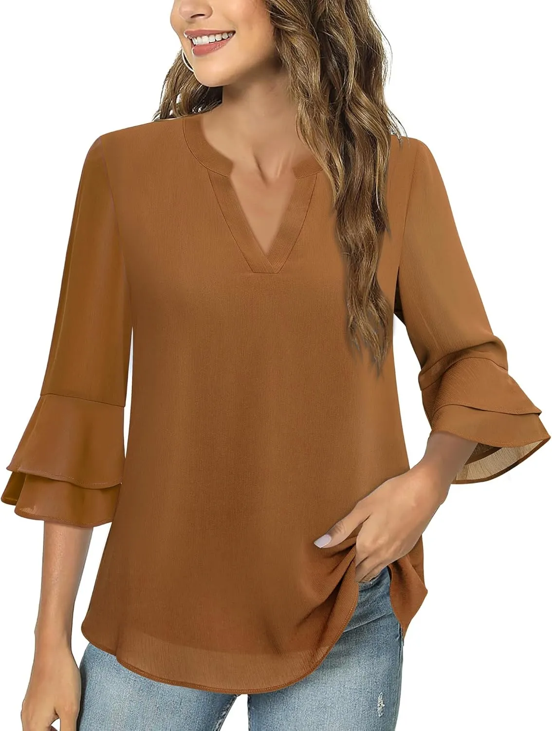Lotusmile Womens Tops Dressy Casual 3/4 Tiered Bell Sleeve Blouses Double Layered Chiffon Work Tunic Shirts