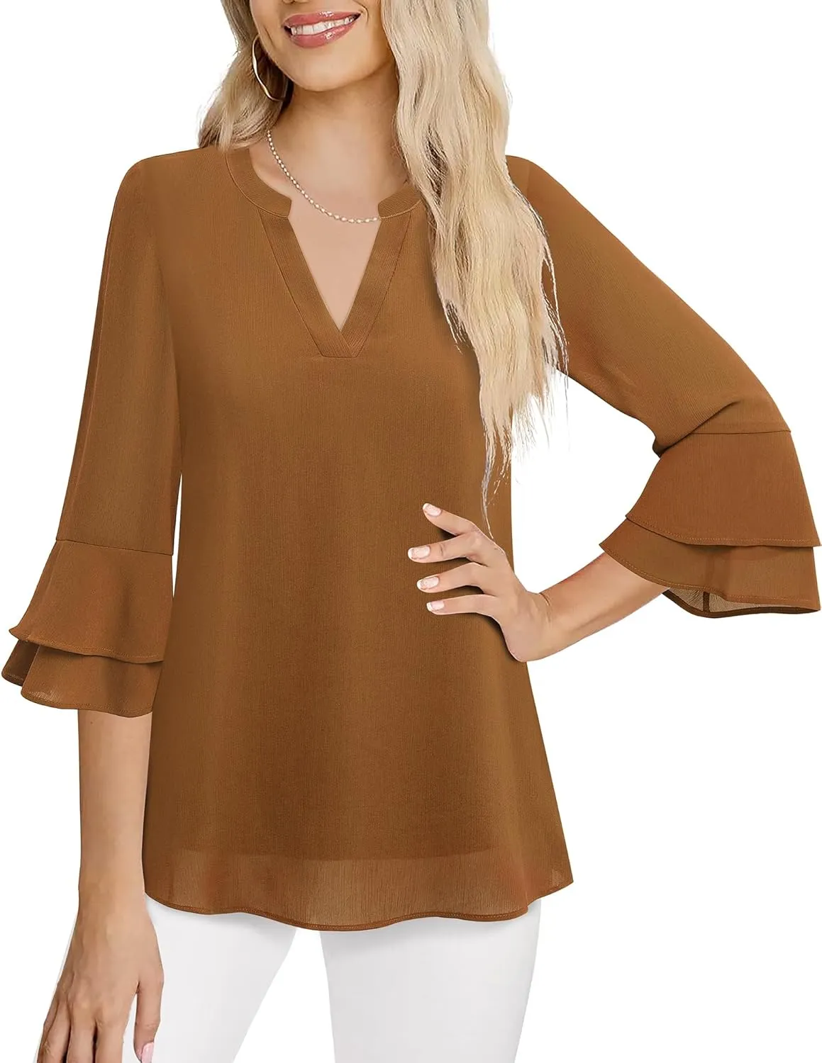 Lotusmile Womens Tops Dressy Casual 3/4 Tiered Bell Sleeve Blouses Double Layered Chiffon Work Tunic Shirts