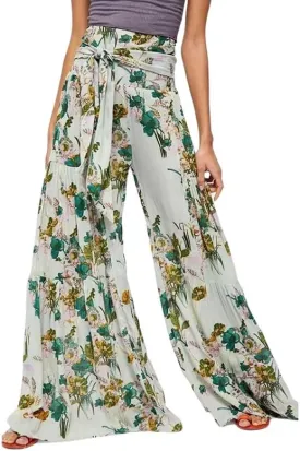 Lrady Women Wide Leg Palazzo Lounge Pants Printed Beach Summer Boho Tie-Waist Bell Bottoms Trousers