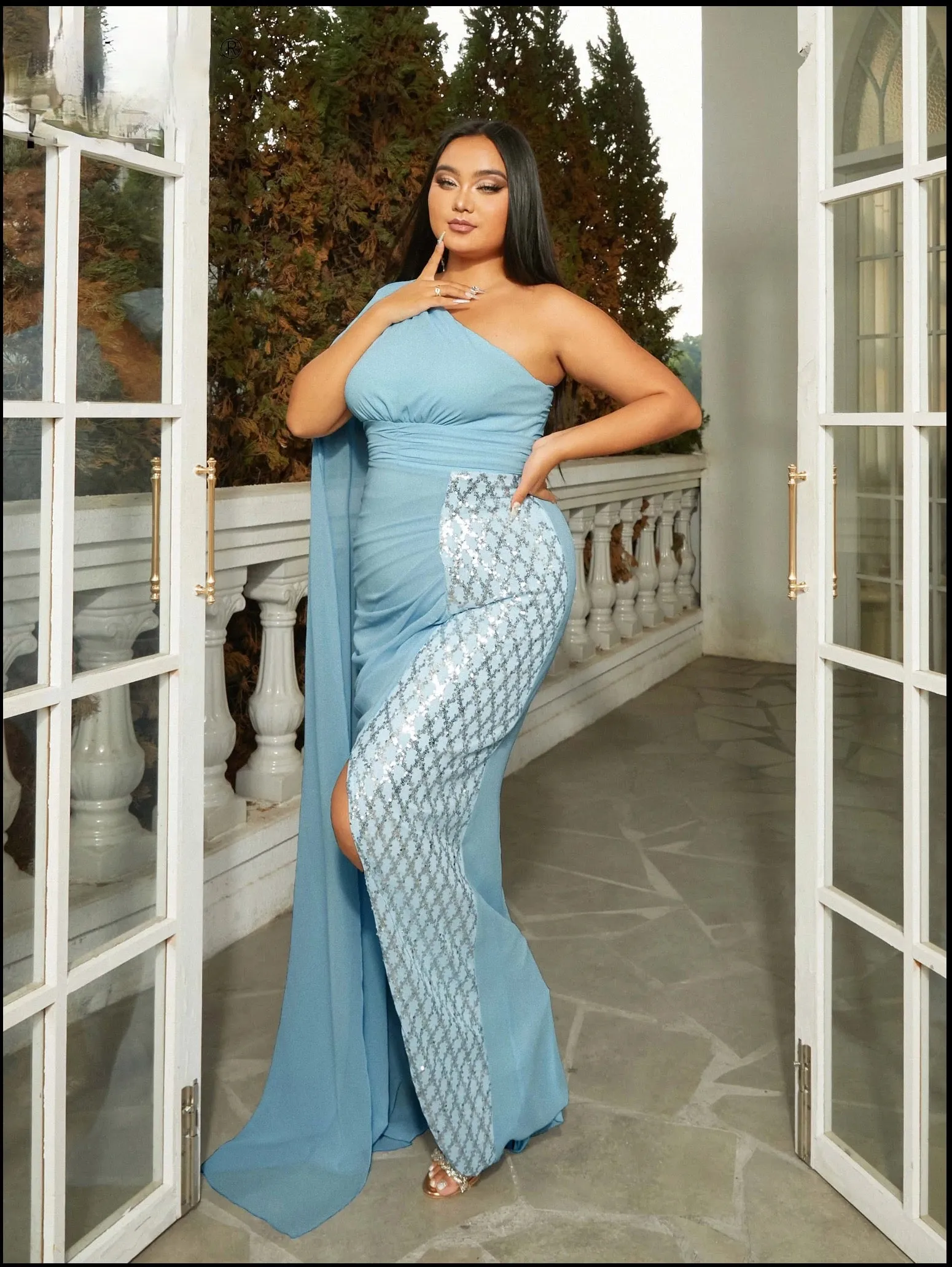 Luxury One Shoulder Draped Panel Sequin Evening Party Dress