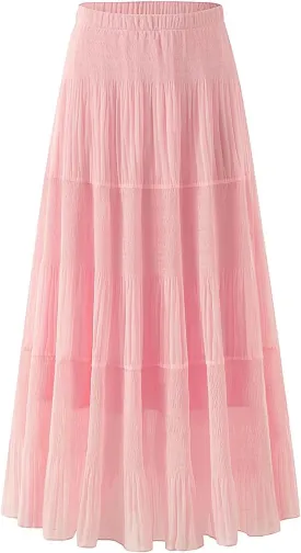 Maxi Skirts for Women Pleated Long Flowy Chiffon Elastic Waist Tiered A Line Skirt