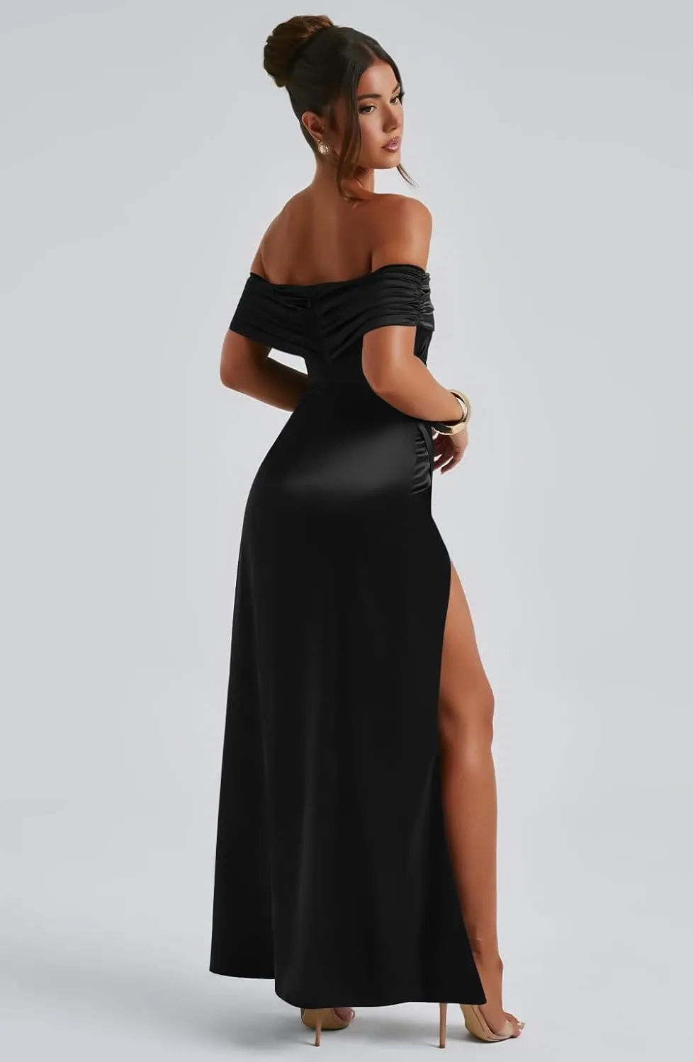 Memoriesea Women's Elegant Off Shoulder High Split Bodycon Evening Wedding Maxi Dress