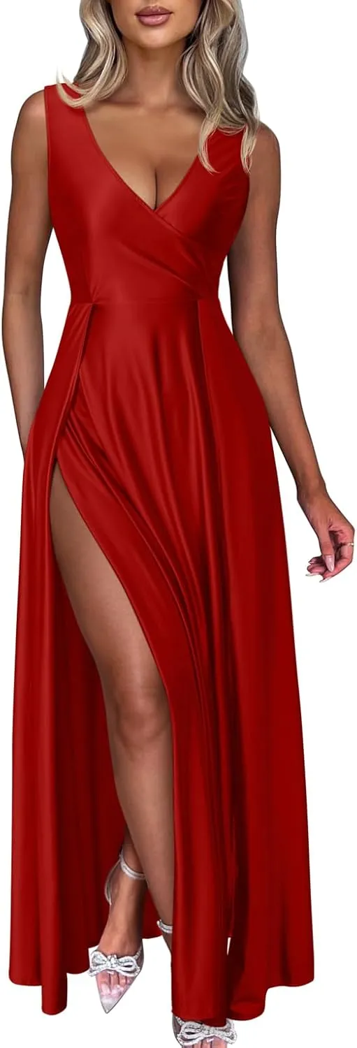 Memoriesea Women's Sexy V Neck Sleeveless High Split Evening Cocktail Maxi Dress