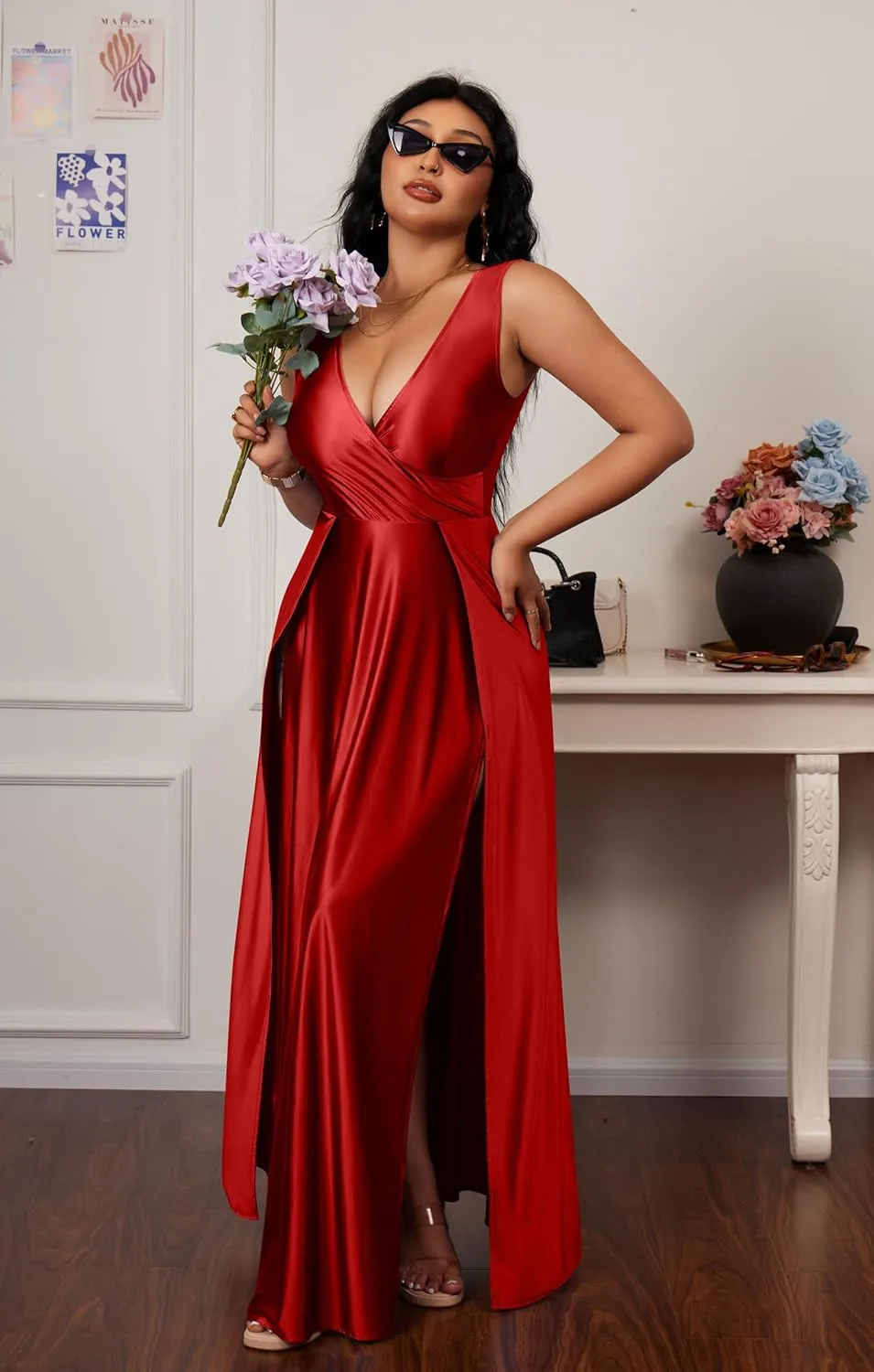 Memoriesea Women's Sexy V Neck Sleeveless High Split Evening Cocktail Maxi Dress
