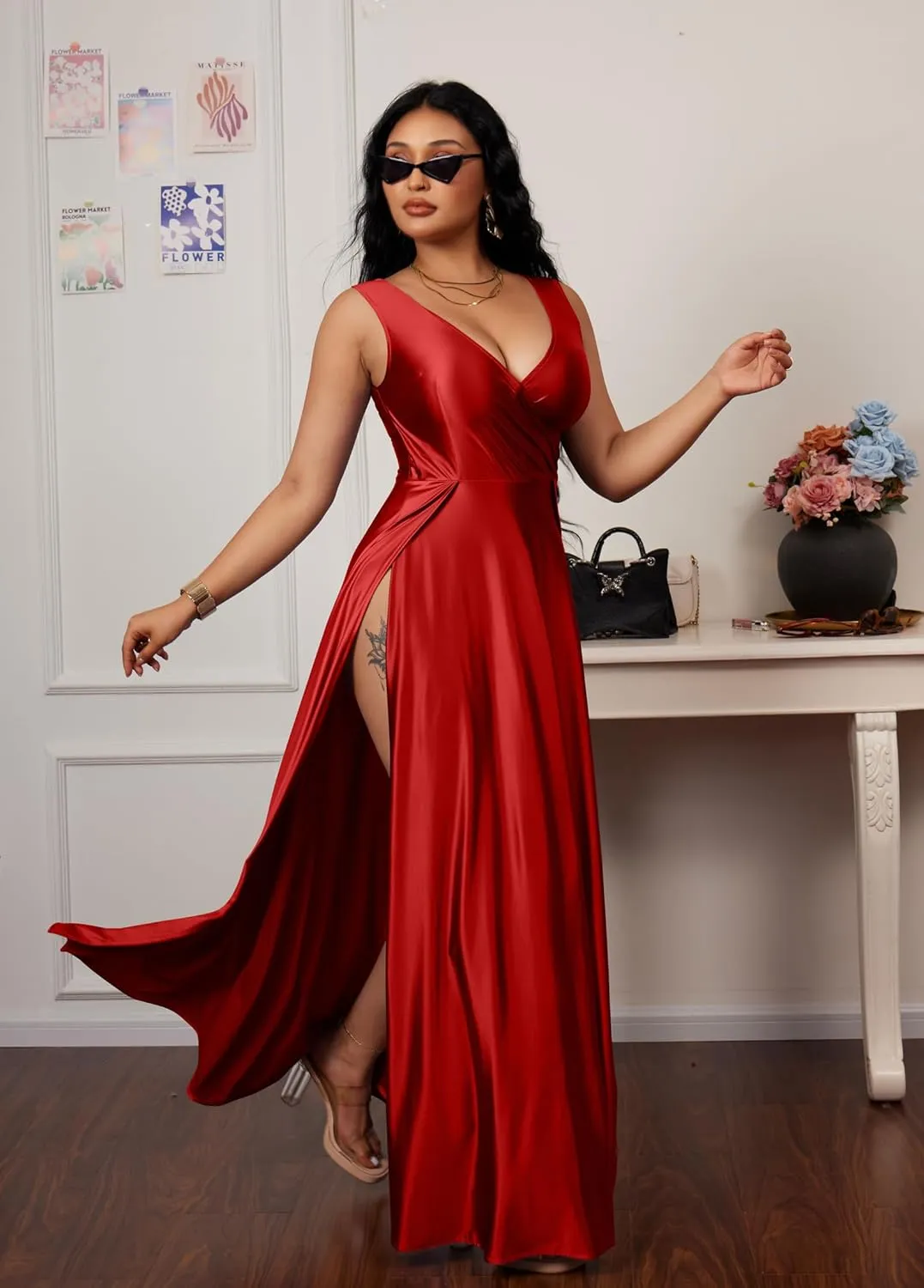 Memoriesea Women's Sexy V Neck Sleeveless High Split Evening Cocktail Maxi Dress