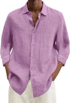 Mens Casual Linen Shirts 3/4 Sleeve Button Down Shirt Hawaiian Vacation Summer Tees Outdoor Plain Beach Collared Tops