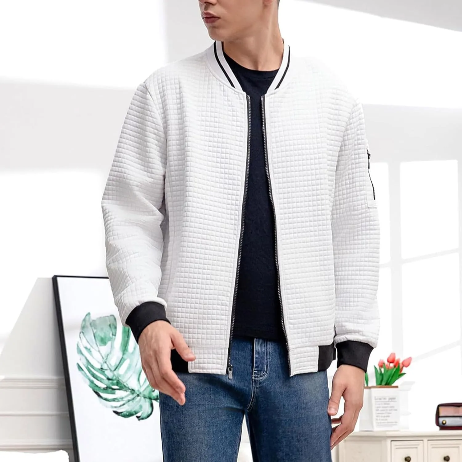 Mens Lightweight Bomber Jackets Casual Waffle Zip Up Fashion Varsity Jacket Plus Size Running Hiking Travel Coat Top
