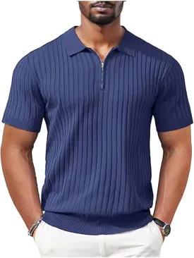 Men's Polo Shirts Short Sleeve T Shirts Ribbed Knit Zipper Polo Shirts Fashion Casual Golf Tee