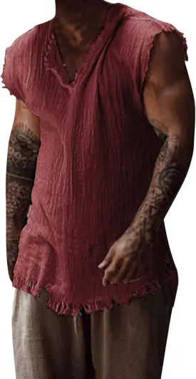 Men's Raw Edge Cotton Linen Tank Tops Short Sleeve Casual Vintage Summer Shirt Sleeveless V-Neck Beach Loose Vest