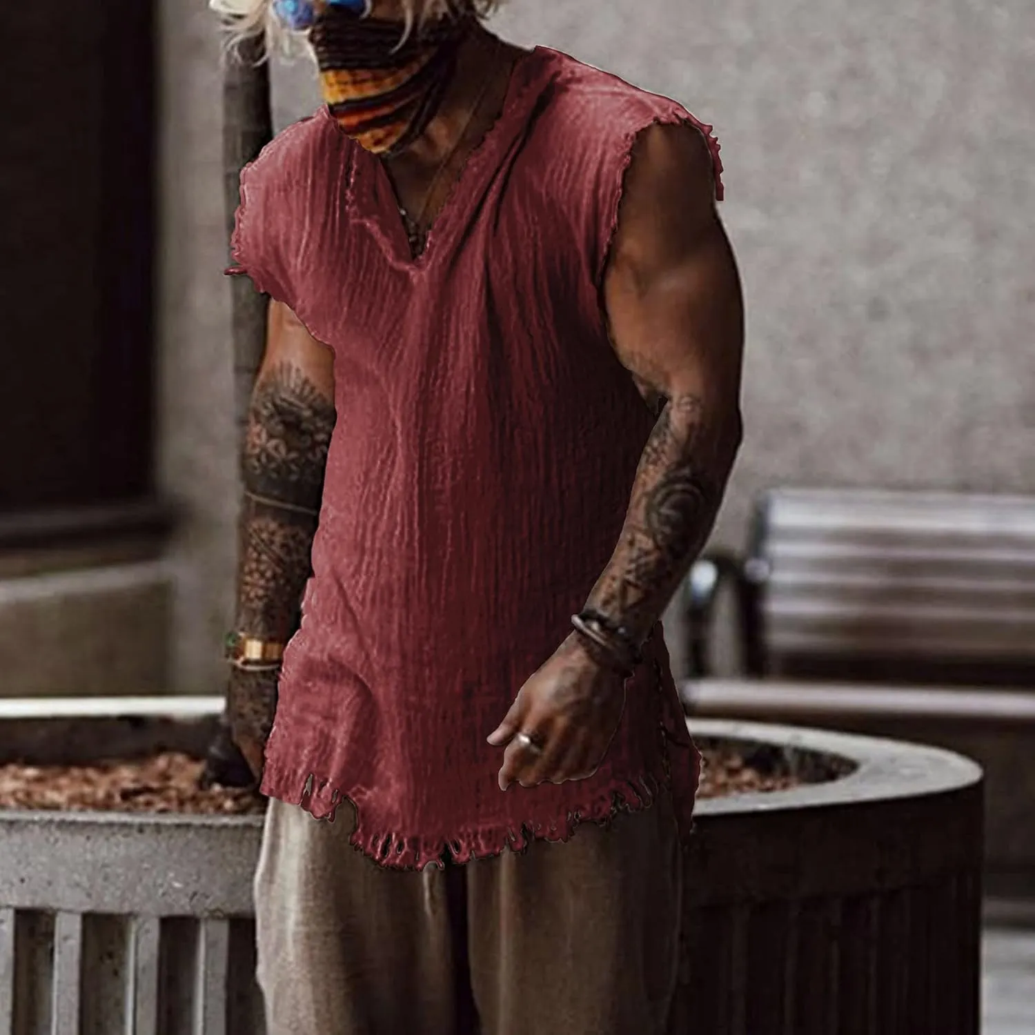 Men's Raw Edge Cotton Linen Tank Tops Short Sleeve Casual Vintage Summer Shirt Sleeveless V-Neck Beach Loose Vest