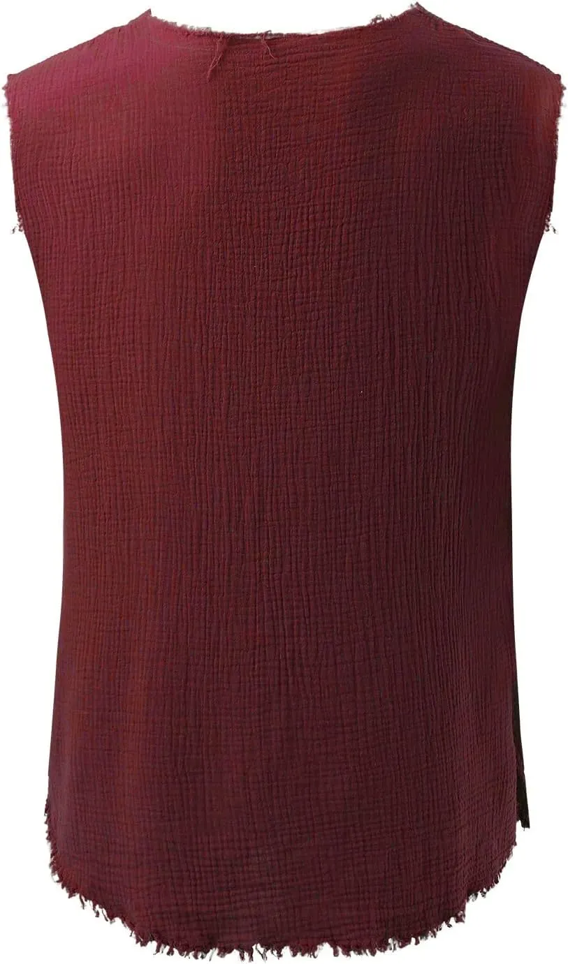 Men's Raw Edge Cotton Linen Tank Tops Short Sleeve Casual Vintage Summer Shirt Sleeveless V-Neck Beach Loose Vest