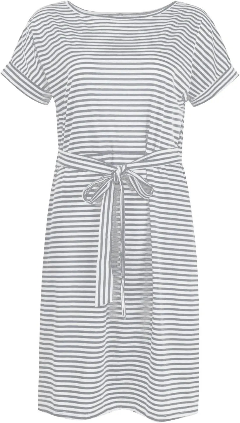 midelxp T Shirt Dresses for Women 2024 Trendy Tie Waist Striped Dress with Pockets Casual Crewneck Short Sleeve Midi Dress