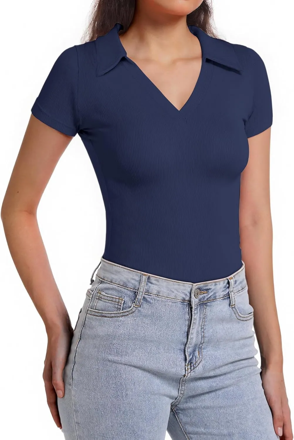 Polo Shirts for Women, Short Sleeve Business Casual Tops, V Neck Polo Collared Work Shirts, Ribbed Fitted Shirts