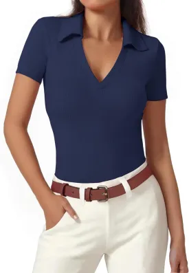 Polo Shirts for Women, Short Sleeve Business Casual Tops, V Neck Polo Collared Work Shirts, Ribbed Fitted Shirts