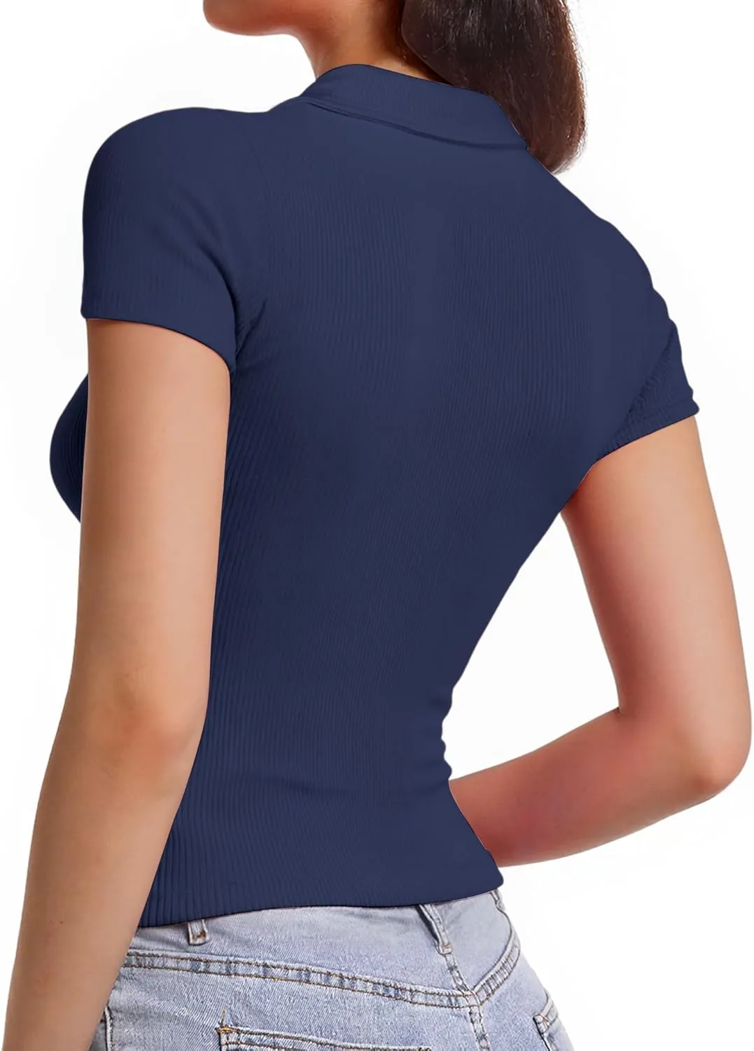 Polo Shirts for Women, Short Sleeve Business Casual Tops, V Neck Polo Collared Work Shirts, Ribbed Fitted Shirts