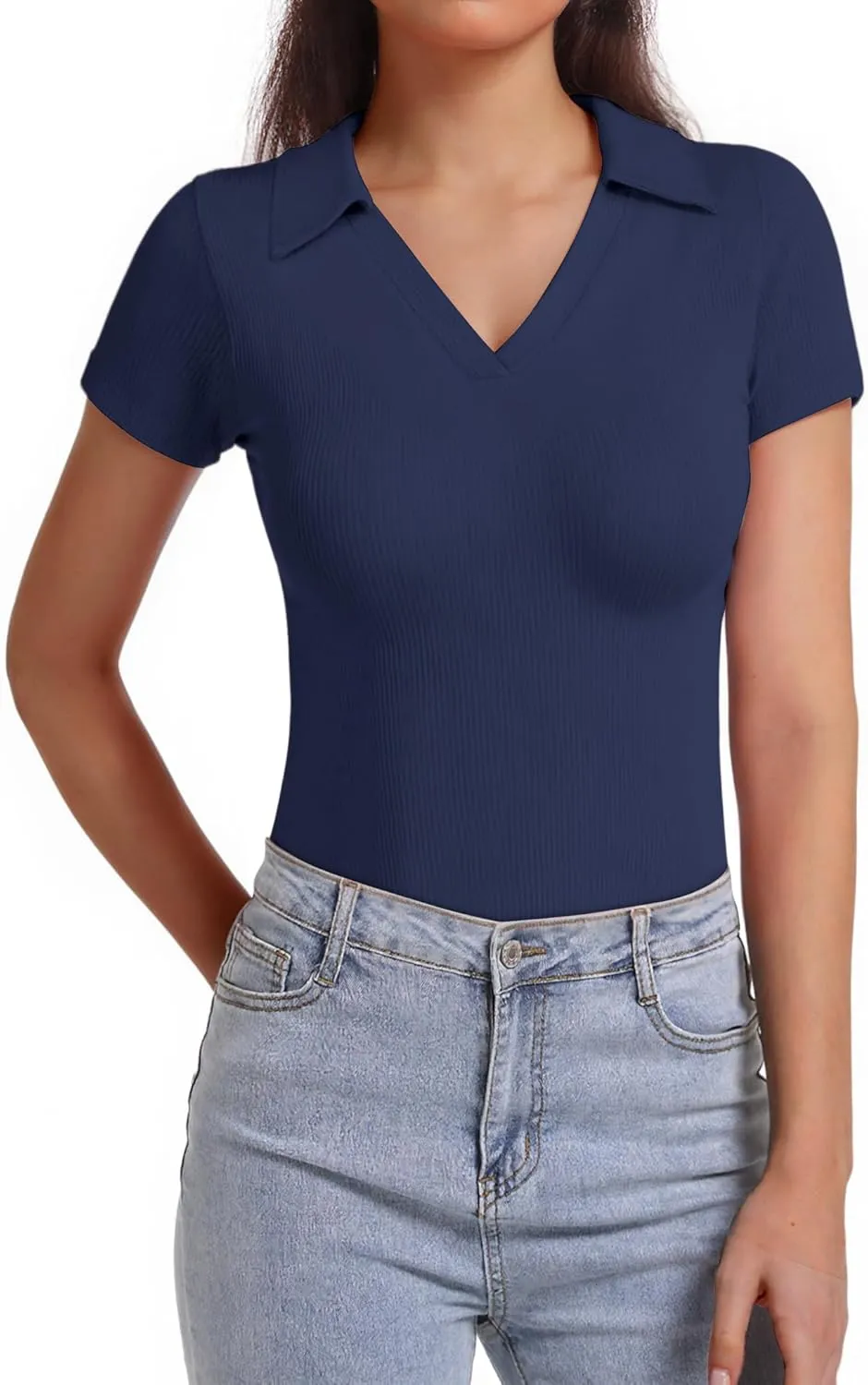 Polo Shirts for Women, Short Sleeve Business Casual Tops, V Neck Polo Collared Work Shirts, Ribbed Fitted Shirts