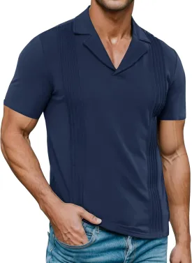 Poriff Men's Polo Shirts Short Sleeve Cuban Guayabera Shirt Casua V Neck Collared Shirt