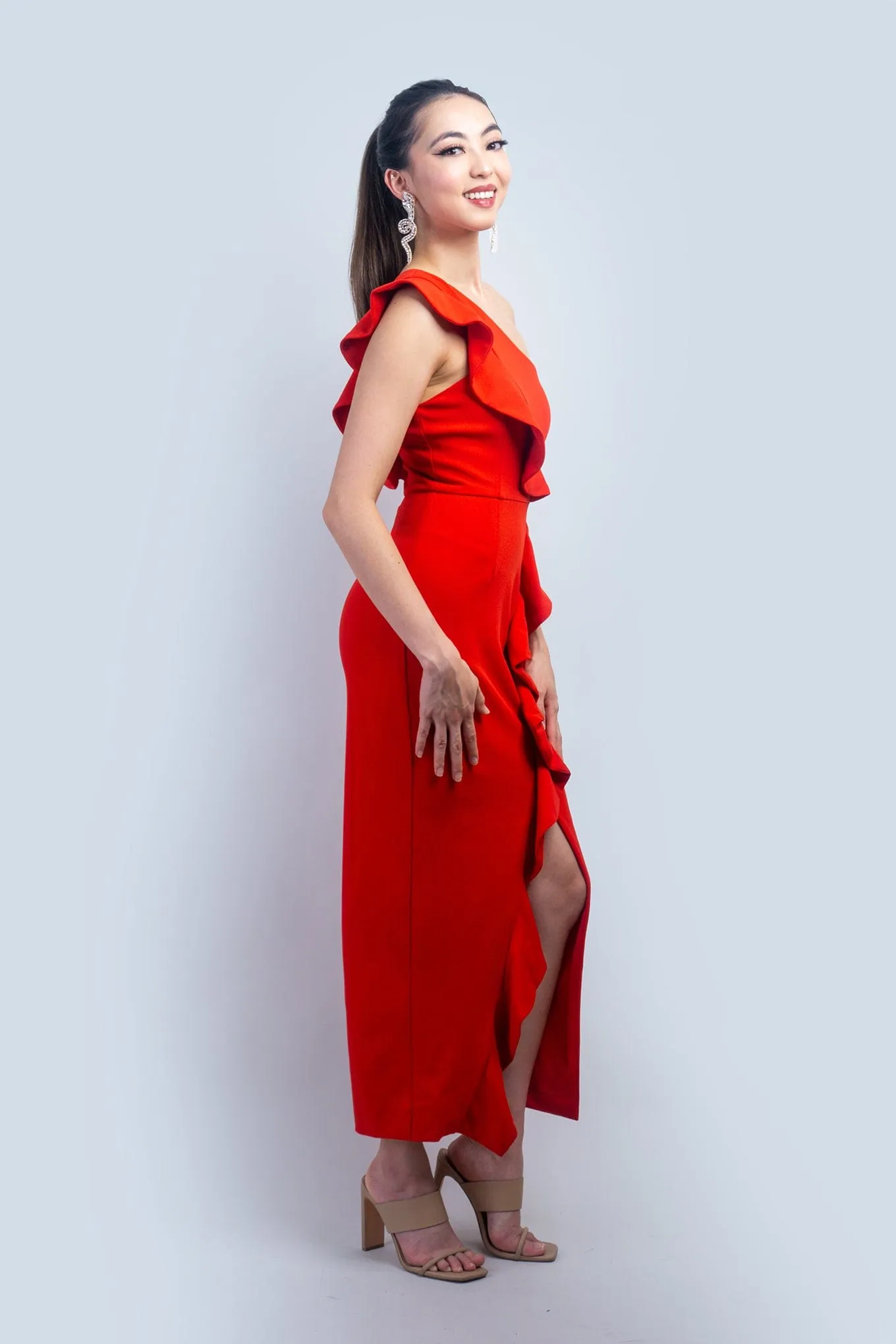 Red One Shoulder Ruffle Midi Dress
