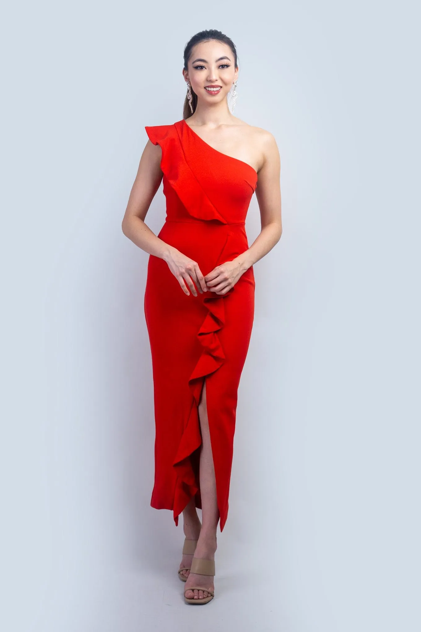 Red One Shoulder Ruffle Midi Dress