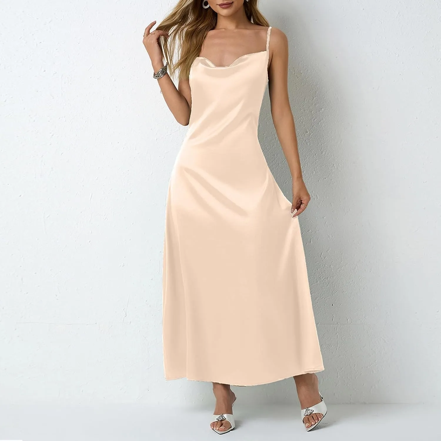 Satin Cocktail Dresses for Women 2025 Long Maxi Coctail Slip Dress Sleeveless Cowl Neck Adjustable Spaghetti Strap Dress
