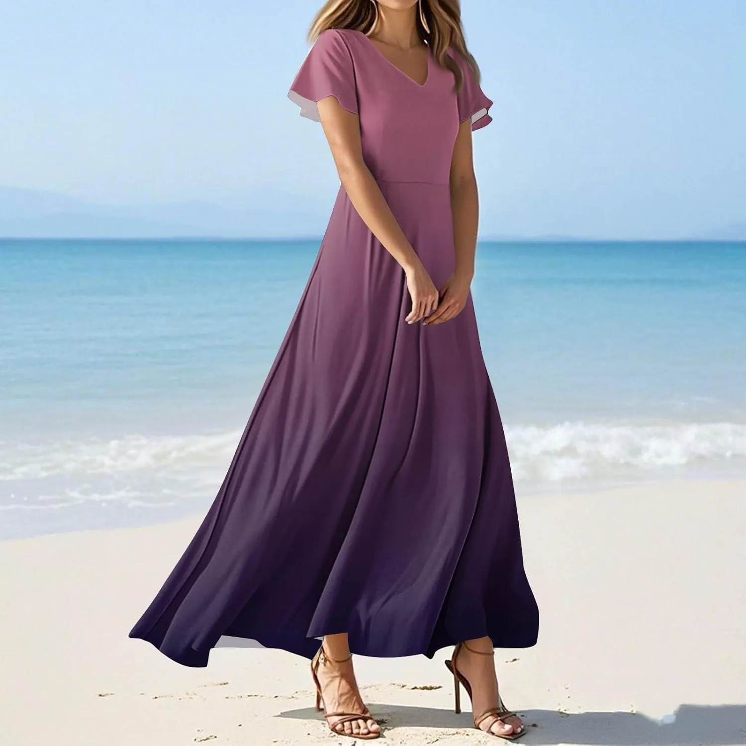 Summer Dress for Women 2025 Elegant Swing Flowy Ruffle V Neck Boho Sun Dresses Trendy Casual Vacation Sundresses