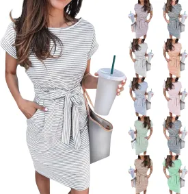 Summer Dresses for Women 2025 Casual Short Sleeve T Shirt Dress Tie Waist Belted Pencil Midi Dress with Pockets