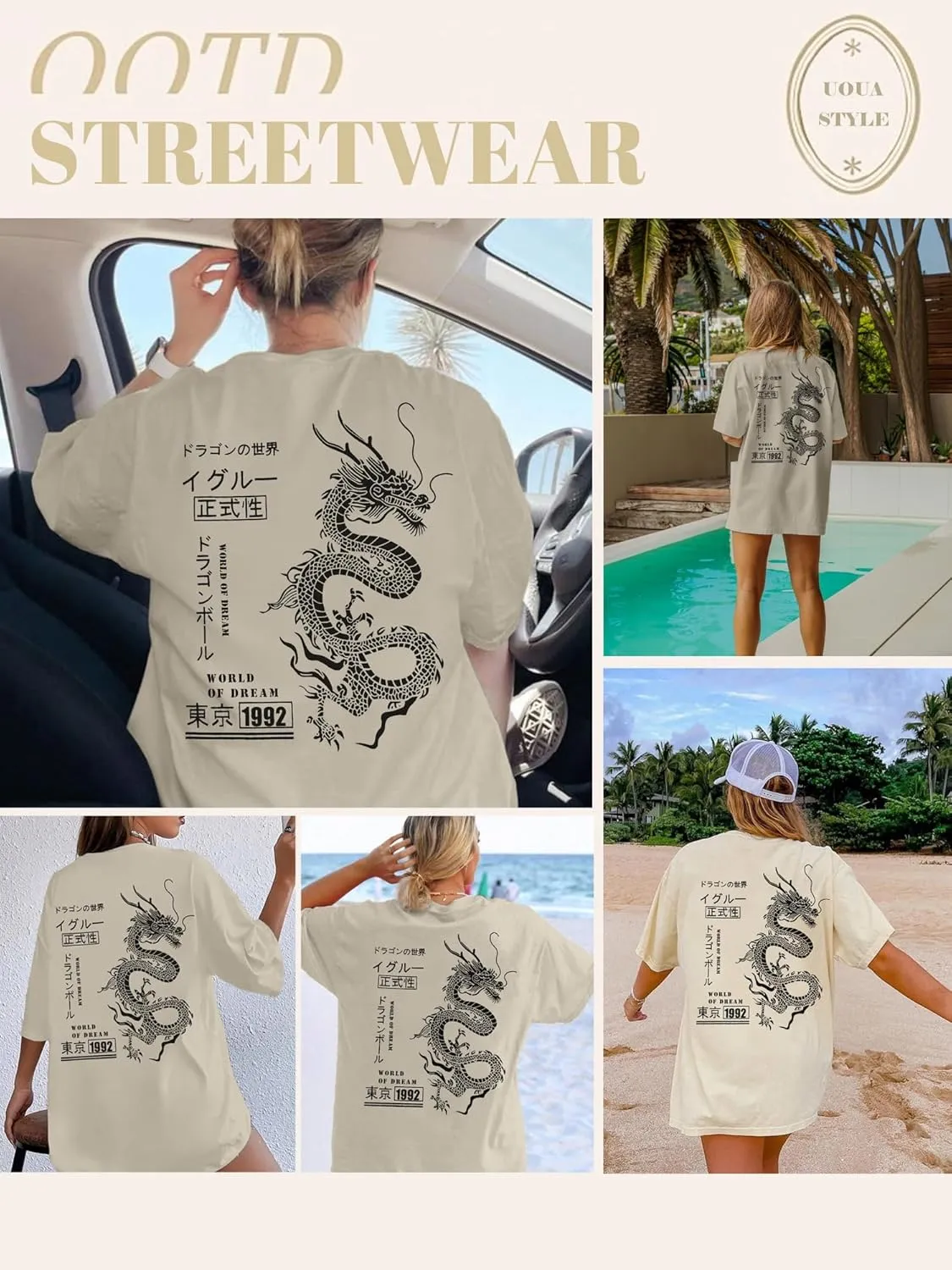 UOUA Women Oversized Graphic T-Shirt Casual Cotton Tees Printed Summer Tops
