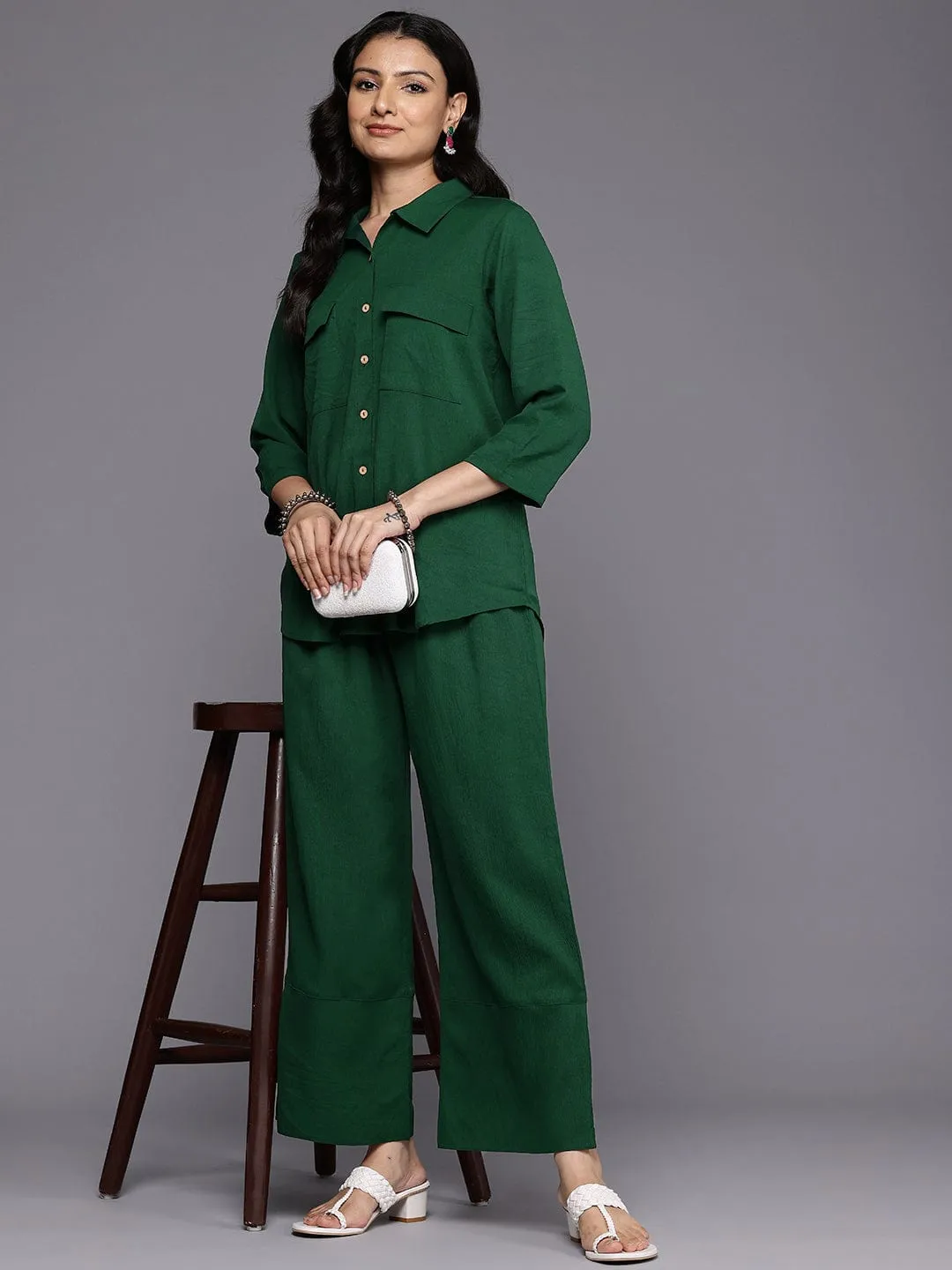 Varanga Women Green Crepe Shirt Collar Top And Bottom