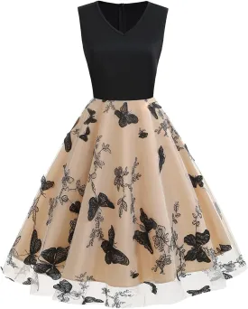 Vintage Dress for Women 1950s Tea Party Embroidered Butterfly Floral A-line Cocktail Homecoming Dress