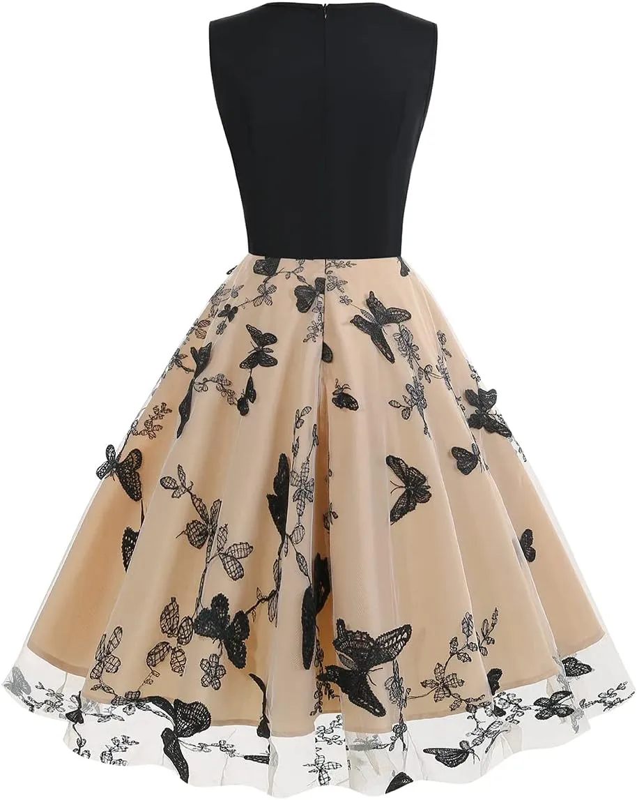 Vintage Dress for Women 1950s Tea Party Embroidered Butterfly Floral A-line Cocktail Homecoming Dress