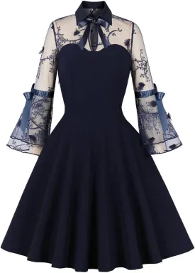 Wellwits Women's Keyhole Mesh Bell Sleeve Vintage Skater Dress