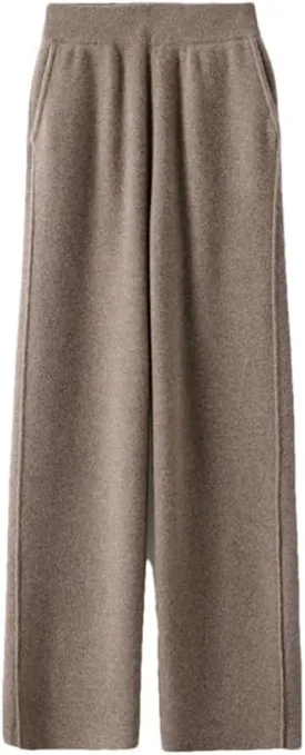 Women's 100% Wool Wide-Leg Pants Winter Mid-Waist Knit Straight-Leg Trousers Elastic Waist