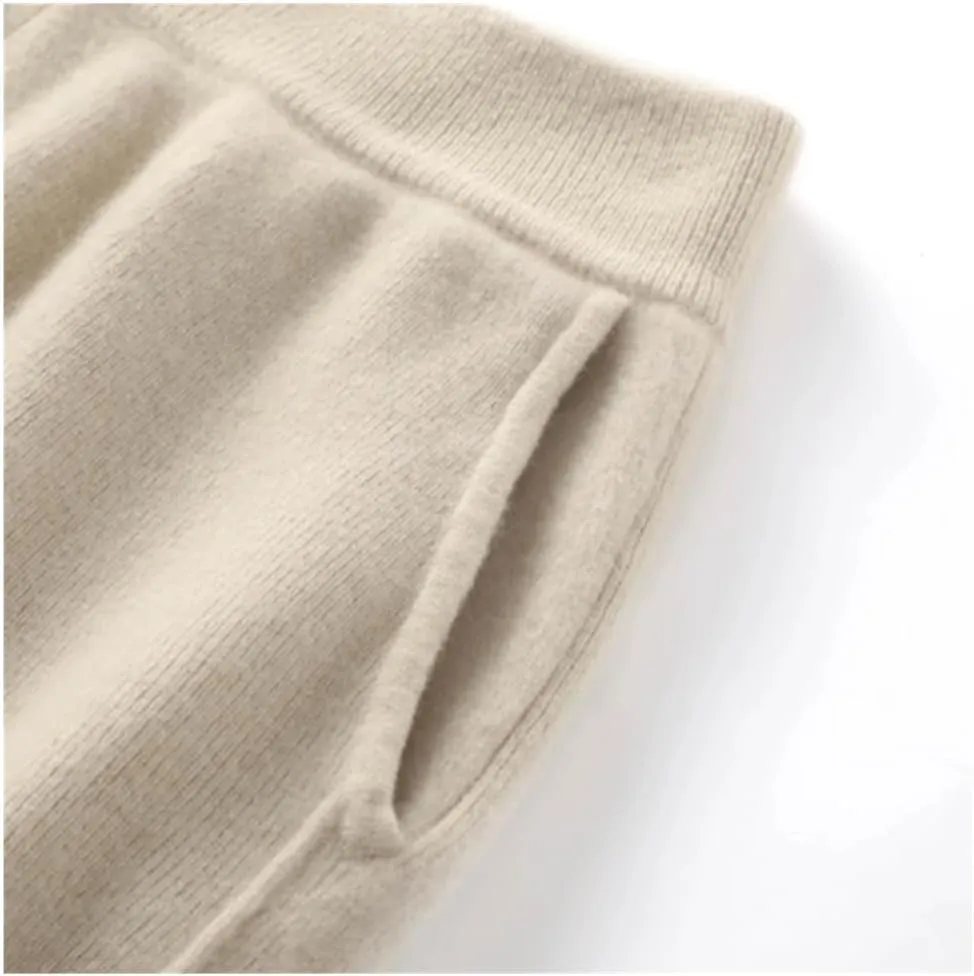 Women's 100% Wool Wide-Leg Pants Winter Mid-Waist Knit Straight-Leg Trousers Elastic Waist